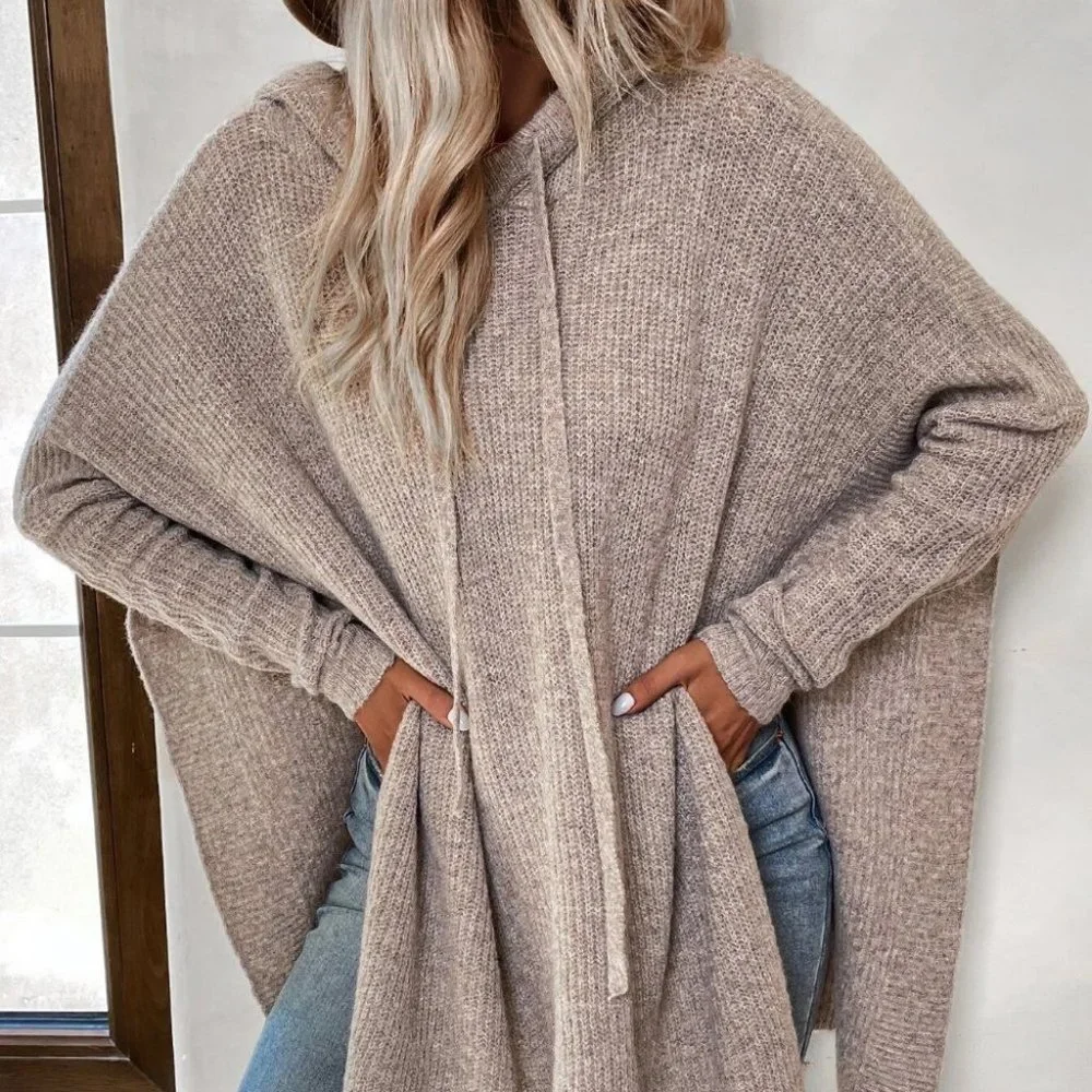 Casual Womens Hooded knit Sweater top Khaki - Picture 4 of 5